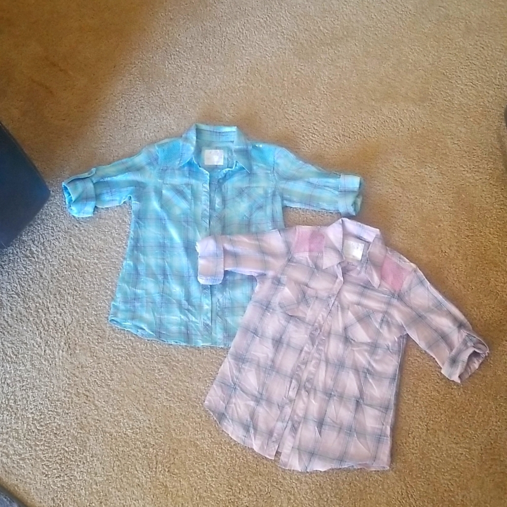 Girls button down  plaid with embellished shoulders